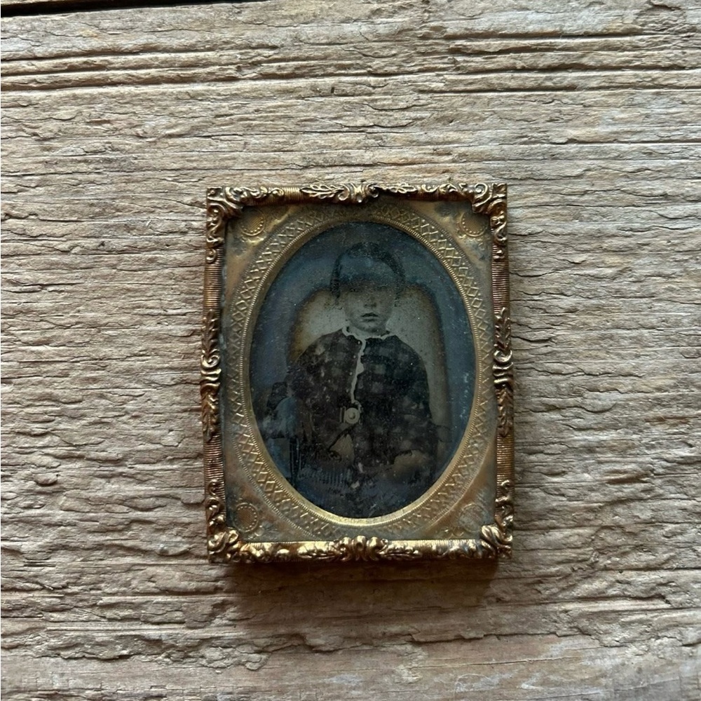 Antique Golf Framed Ambrotype, Ghostly Young Boy in Checkered Shirt